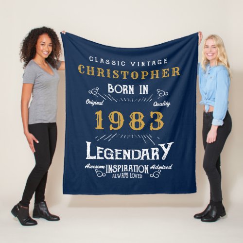 40th Birthday 1983 Add Name Legend Retro Blue Gold Fleece Blanket