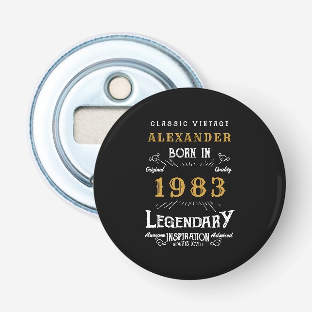 40th Birthday 1983 Add Name Legendary Black Gold Bottle Opener (Front)