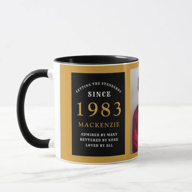 40th Birthday 1983 Black Gold Add Name Photo Mug (Left)