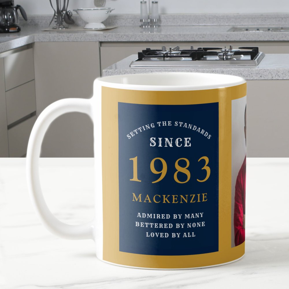 Discover 40th Birthday 1983 Blue Gold Add Name Photo Coffee Mug
