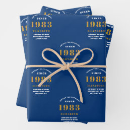 40th Birthday 1983 Blue Gold Chic Elegant Wrapping Paper Sheets