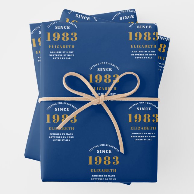 40th Birthday 1983 Blue Gold Chic Elegant Wrapping Paper Sheets (In situ)