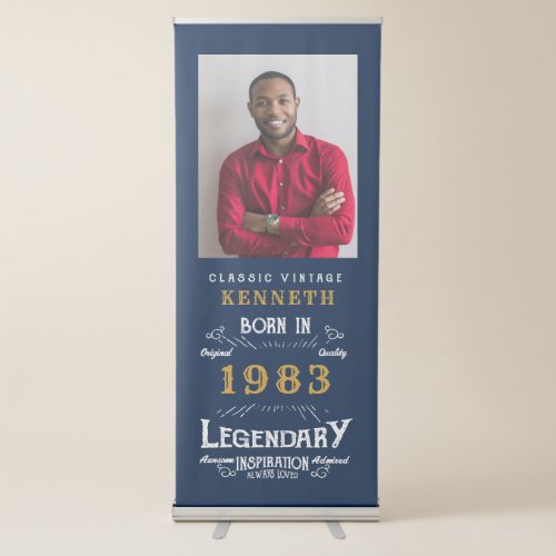 40th Birthday 1983 Legend Blue Gold Name Photo Retractable Banner