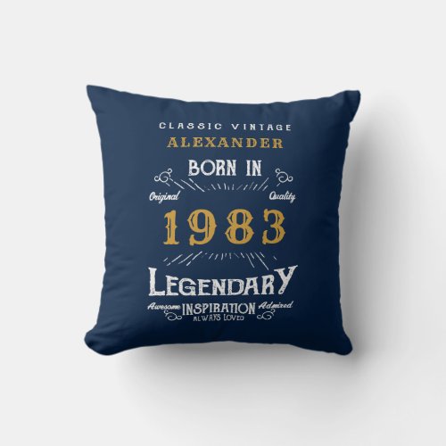 40th Birthday 1983 Retro Blue Gold Legendary Throw Pillow