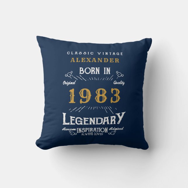 40th Birthday 1983 Retro Blue Gold Legendary Throw Pillow (Front)