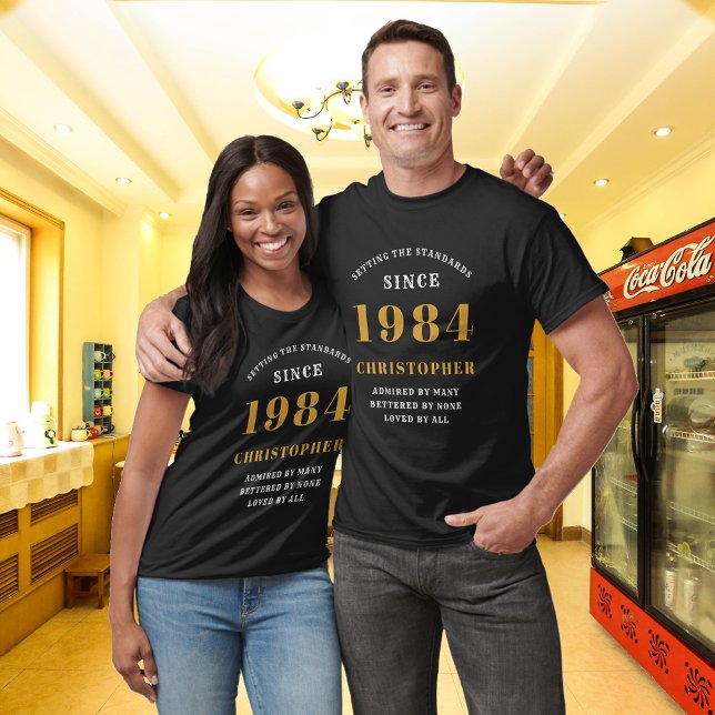 40th Birthday 1984 Add Name Black Gold Party T-Shirt (Custom 40th Birthday Guest of Honor Black and Gold T-Shirt – Born 1984 Edition)