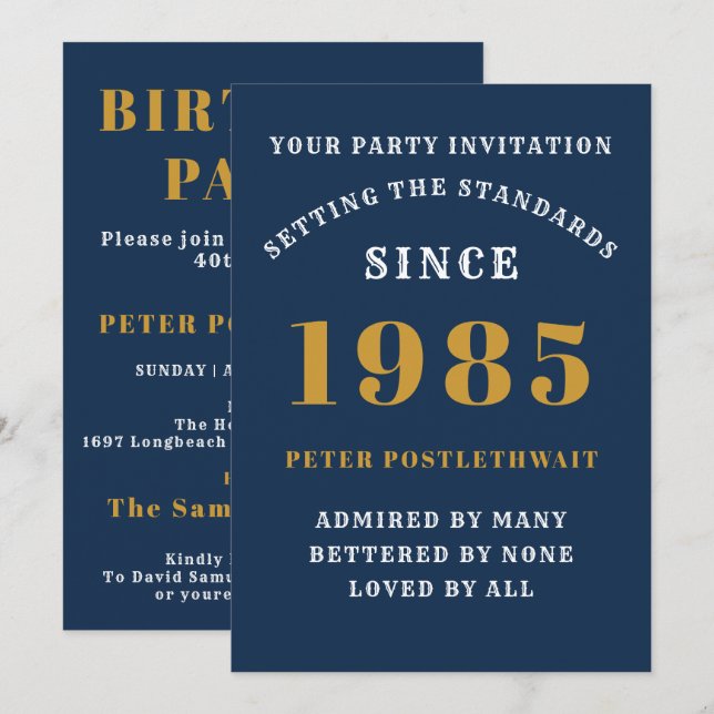 40th Birthday 1985 Blue Gold Personalized For Him Invitation (Front/Back)
