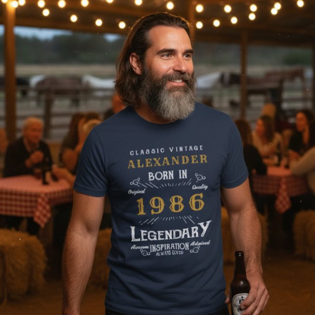 40th Birthday 1986 Add Name Blue Gold Legendary T-Shirt (1986 birthday t-shirt worn by a man at a barn party.)