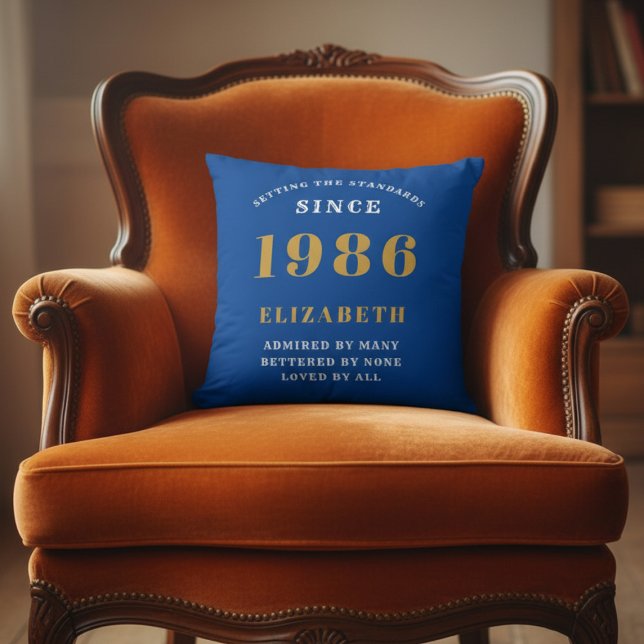 40th Birthday 1986 Add Name Blue Gold Personalized Throw Pillow (1986 blue throw pillow on an orange chair)