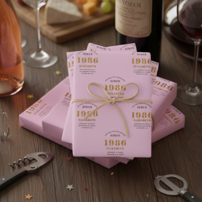 40th Birthday 1986 Add Name Pink Grey Wrapping Paper Sheets (Personalized pink 1986 wrapping paper)