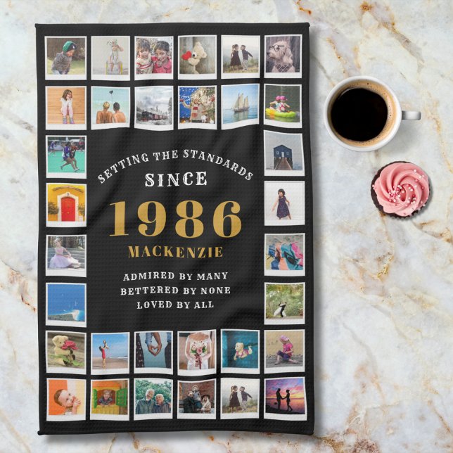 40th Birthday 1986 Family Memories Photo Collage  Kitchen Towel (1986 Kitchen towel. Marble background. )