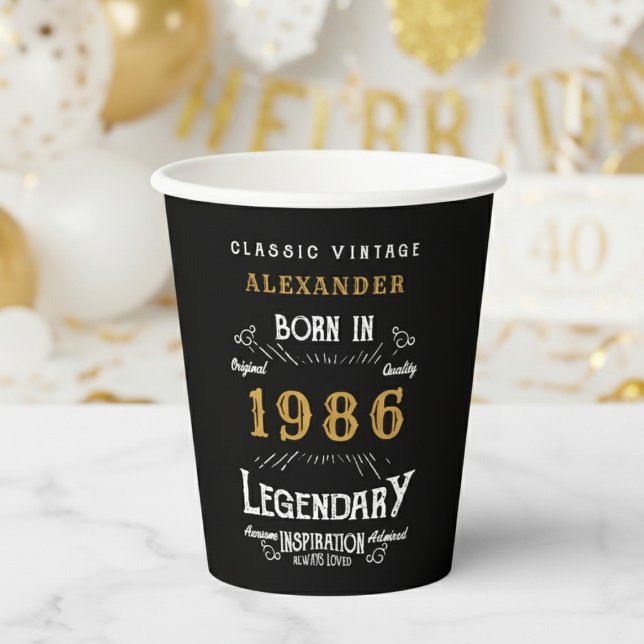 40th Birthday 1986 Legendary Retro Paper Cups (1986 birthday black paper cup on a white and gold background.)