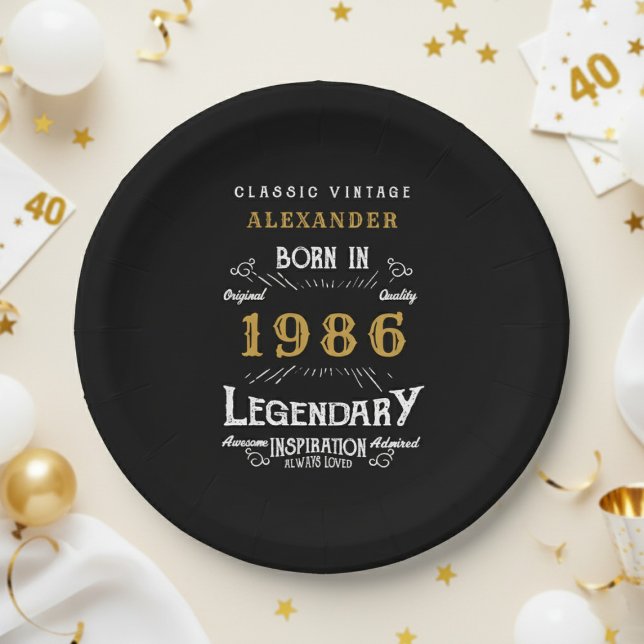 40th Birthday 1986 Legendary Retro Paper Plates (1986 black paper plate on a white and gold background.)