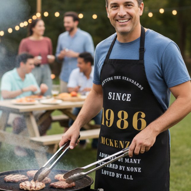 40th Birthday 1986 Name Chic Elegant Black Gold Apron (40th birthday apron worn at a BBQ)