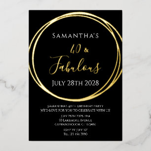 40th Birthday 40 and Fabulous Black Gold Foil Invitation