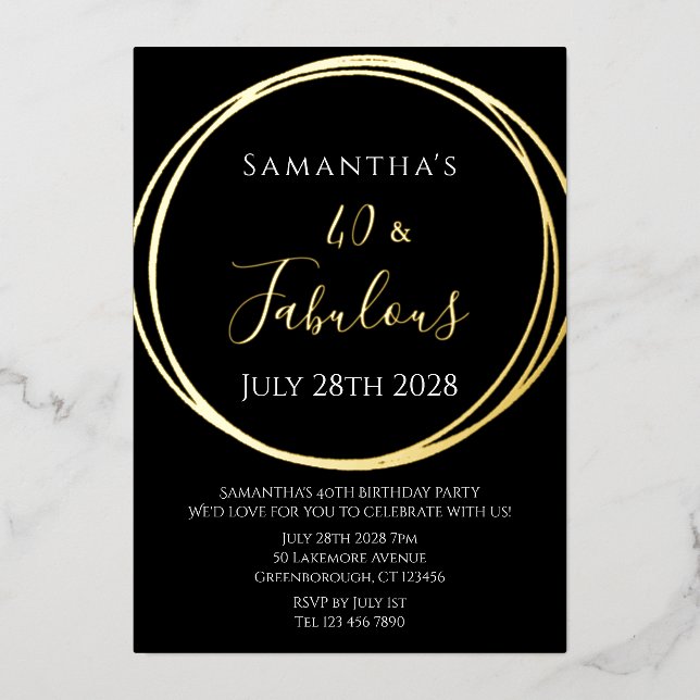 40th Birthday 40 and Fabulous Black Gold Foil Invitation (Front)
