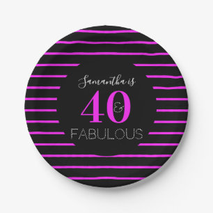 40th Birthday 40 Fabulous Neon Pink Stripe Paper Plates