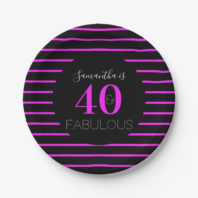 40th Birthday 40 Fabulous Neon Pink Stripe Paper Plates (Front)