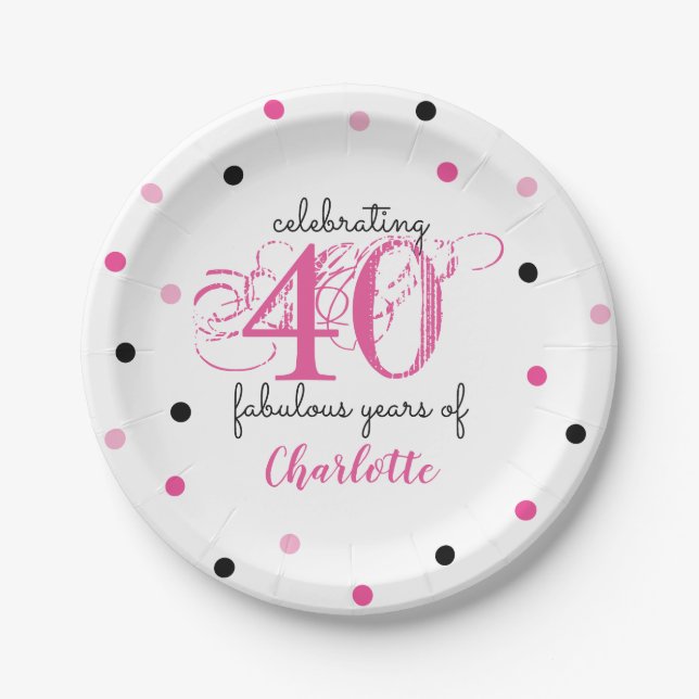 40th birthday 40 fabulous years Pink Add Name Paper Plates (Front)