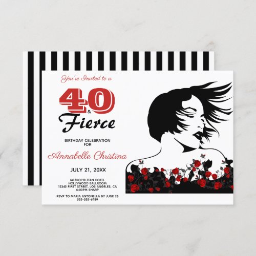 40th Birthday 40  FIERCE Modern BlackWhiteRed Invitation