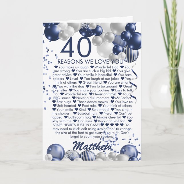 40th Birthday 40 Reasons We Love You Blue Card (Front)