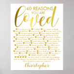 40th Birthday 40 Reasons Why Gold White Poster<br><div class="desc">A fabulous custom 40th birthday gift poster. This gold themed design is a gorgeous way to send a heart felt fortieth birthday message. Fill out the poster with 40 reasons you love the recipient. A stylish gold effect on white personalized design they are sure to love.</div>