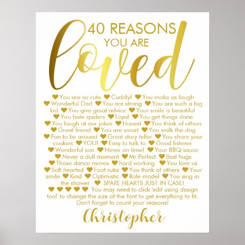 40th Birthday 40 Reasons Why Gold White Poster