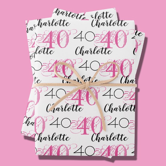40th birthday 40 years pink Name Wrapping Paper (in-situ depiction of wrapping paper set)
