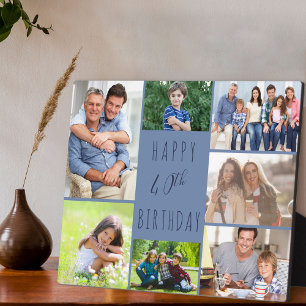 40th Birthday 7 Photo Collage Two Tone Blue Plaque