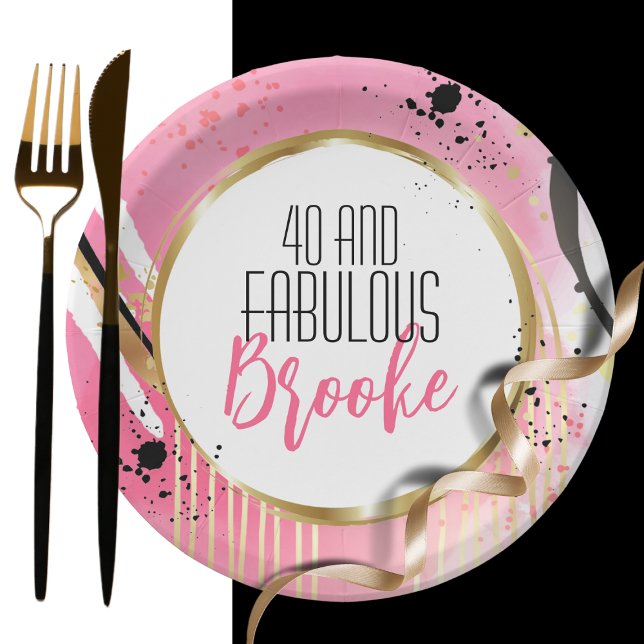40th Birthday Abstract Pink Gold Black Retro Fun Paper Plates (Creator Uploaded)