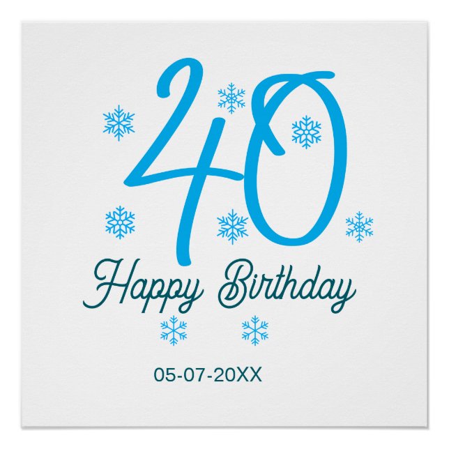 40th birthday add name date year blue template poster (Front)