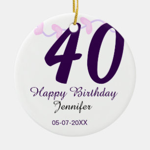 40th birthday add name date year purple floral pin ceramic ornament