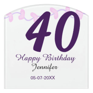 40th birthday add name date year purple floral pin door sign