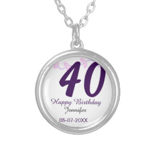 40th birthday add name date year purple floral pin silver plated necklace