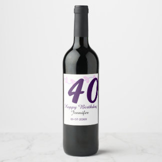 40th birthday add name date year purple floral pin wine label