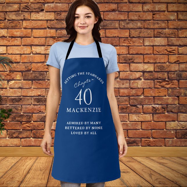 40th Birthday Add Name Elegant Blue and White Apron (Creator Uploaded)