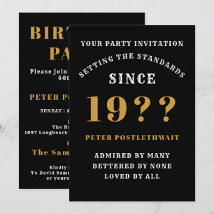 40th Birthday Add Name Year Black Gold For Him Invitation