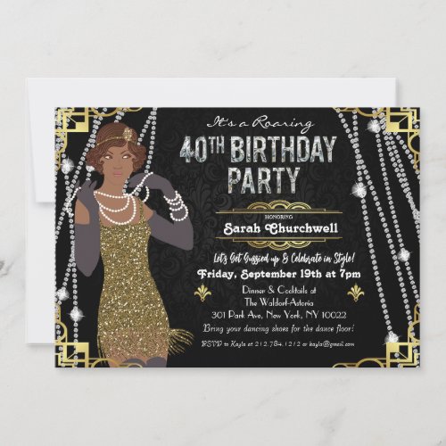 40th Birthday African American 1920s Flapper Girl  Invitation