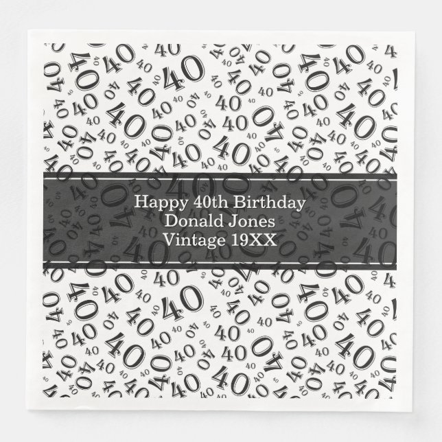 40th Birthday Age Number Pattern Black/White Paper Dinner Napkins (Front)