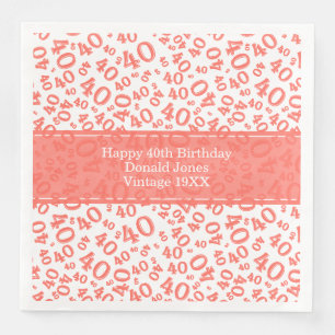 40th Birthday Age Number Pattern Coral/White Paper Dinner Napkins