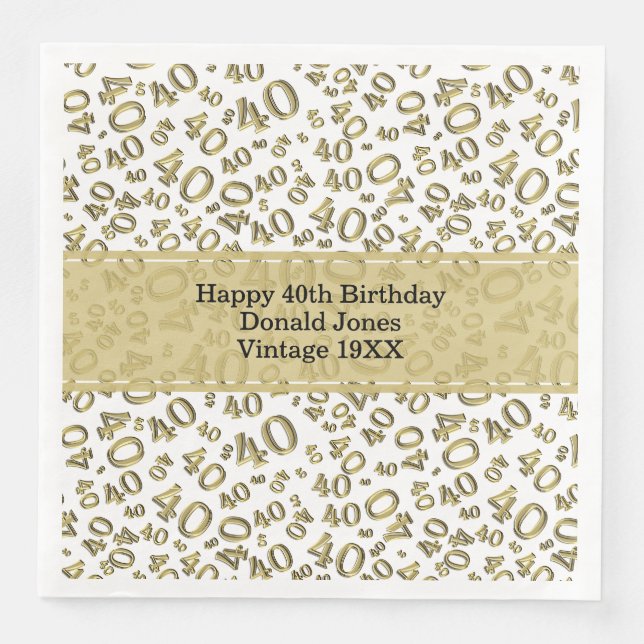 40th Birthday Age Number Pattern Gold/White Paper Dinner Napkins (Front)