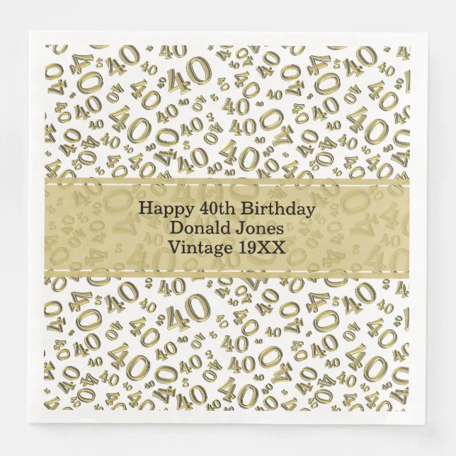 40th Birthday Age Number Pattern Gold/White Paper Dinner Napkins | Zazzle