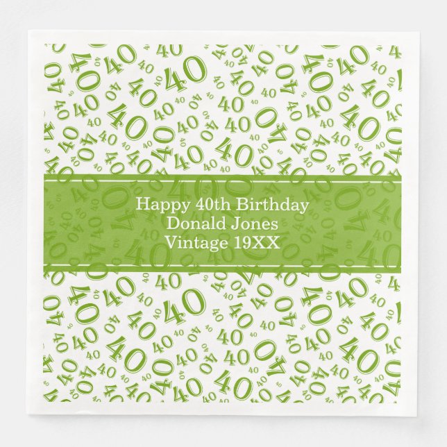 40th Birthday Age Number Pattern Green/White Paper Dinner Napkins (Front)