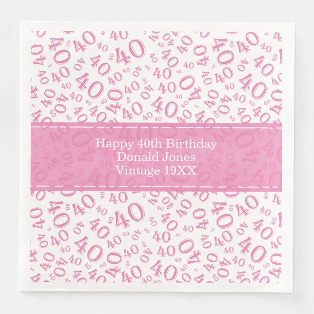 40th Birthday Age Number Pattern Pink/White Paper Dinner Napkins (Front)