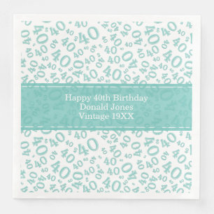 40th Birthday Age Number Pattern Teal/White Paper Dinner Napkins