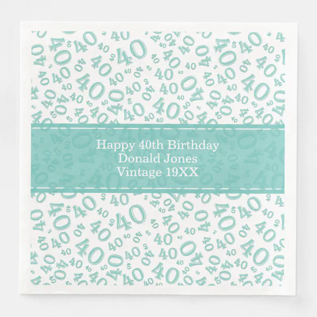 40th Birthday Age Number Pattern Teal/White Paper Dinner Napkins | Zazzle
