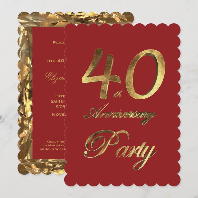 40th Birthday Anniversary Gold Red Elegant Invitation (Front/Back)