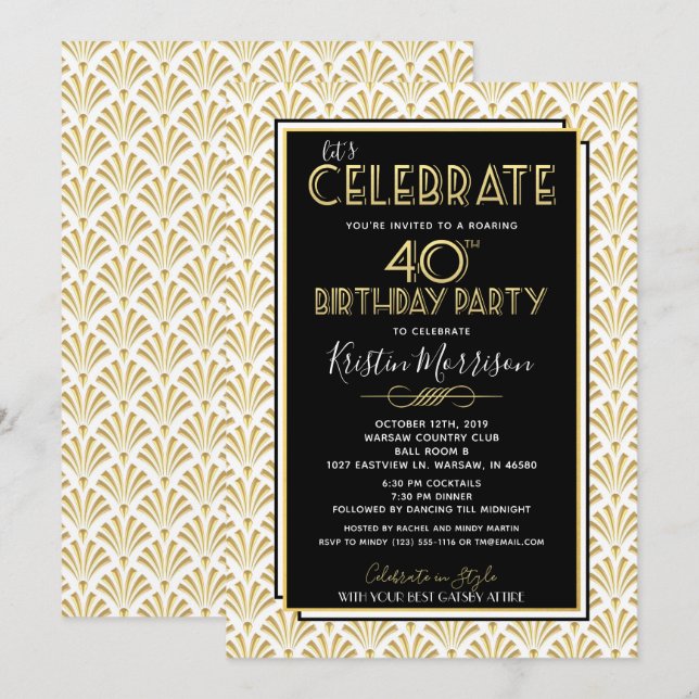 40th Birthday Art Deco Gatsby Roaring 20s Birthday Invitation (Front/Back)