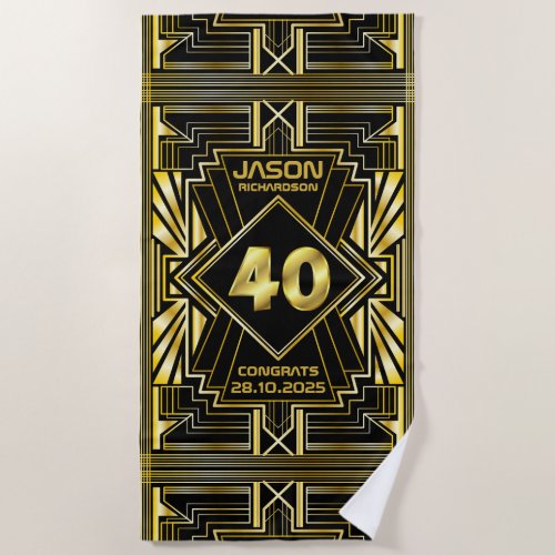 40th Birthday Art Deco Gold Black Great Gatsby Beach Towel