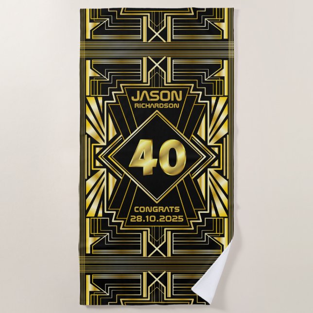 40th Birthday Art Deco Gold Black Great Gatsby Beach Towel (Front)
